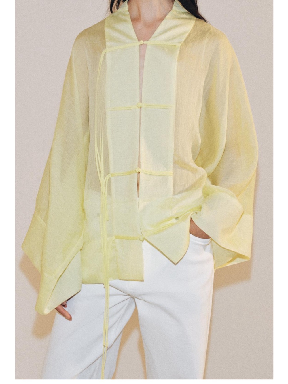 Zara Sheer Pale Yellow Mandarin-Style Blouse